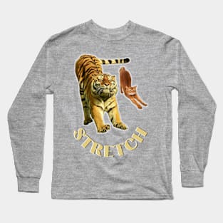 Stretch exercise by a tiger and a cat - gold text Long Sleeve T-Shirt